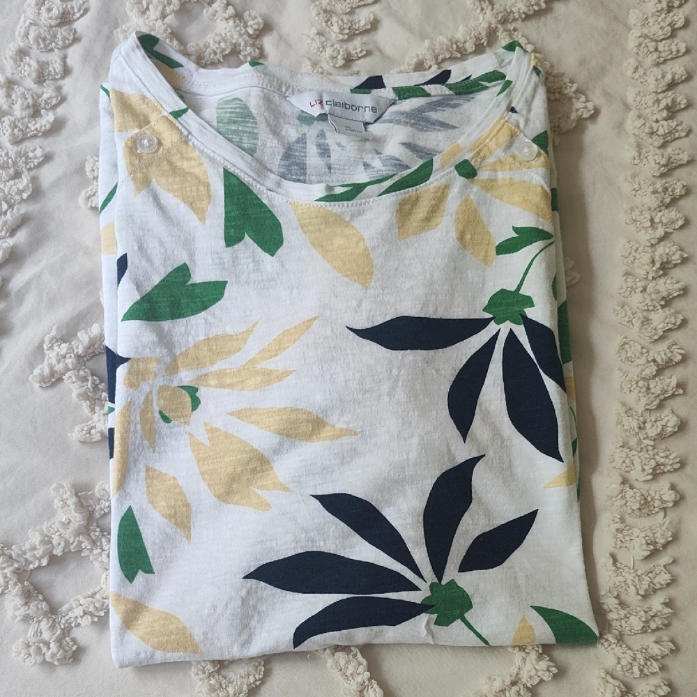 Liz Claiborne Leaf Pattern Tee - Green, Navy, Yellow
